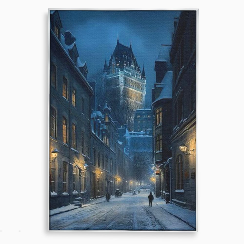 Tablou canvas cu tablou canvas cu strada iarna noaptea, in rama de aluminiu argintiu